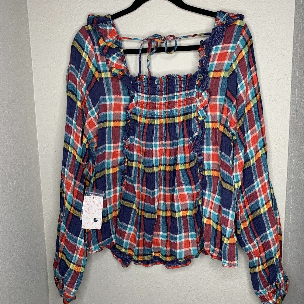 NEW Free People Siena Plaid Ruffled Pullover - Picture 7 of 12